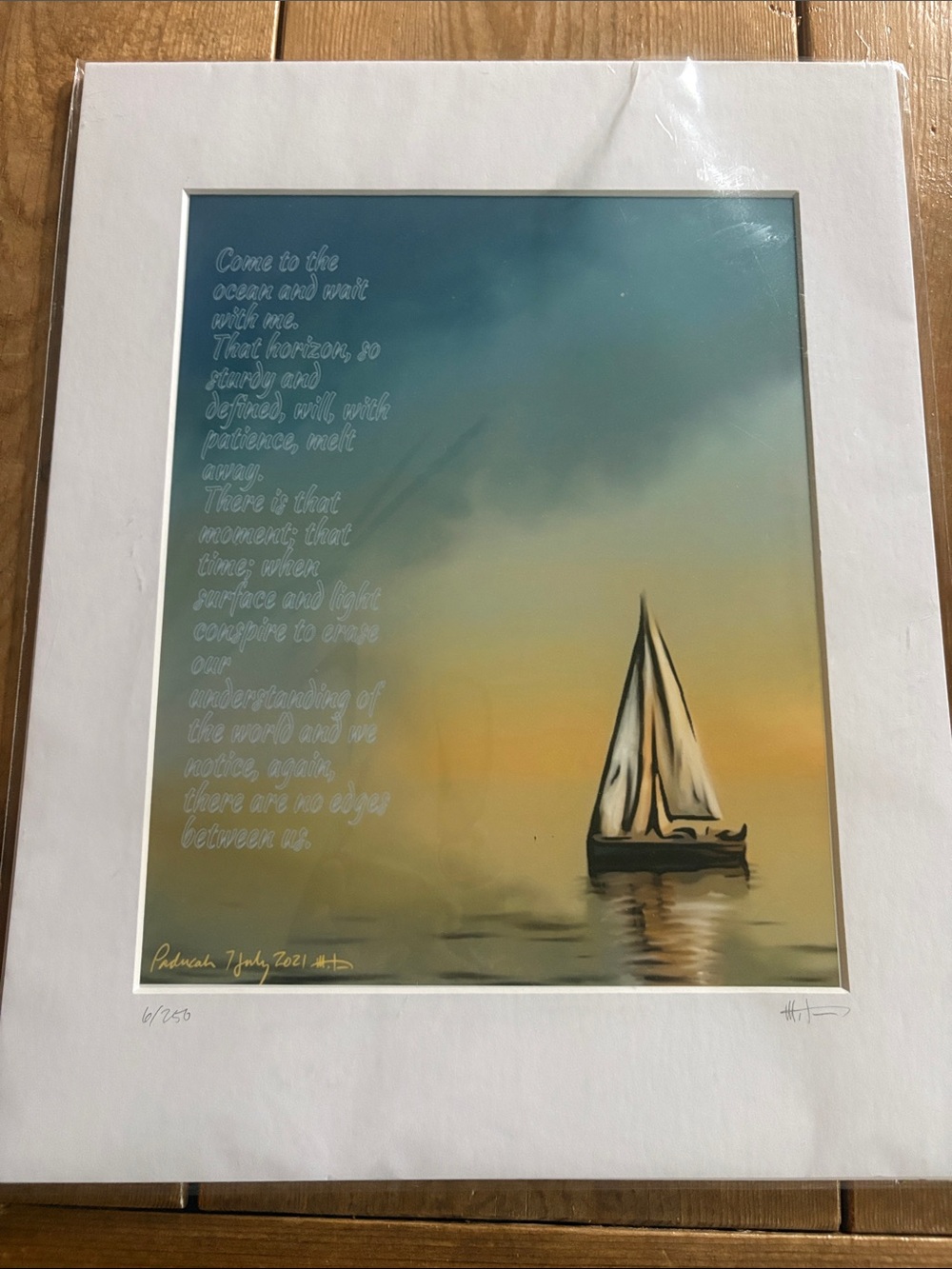 Come to the Ocean and Wait with me:  8x10 Sailboat Print in Blue and Yellow